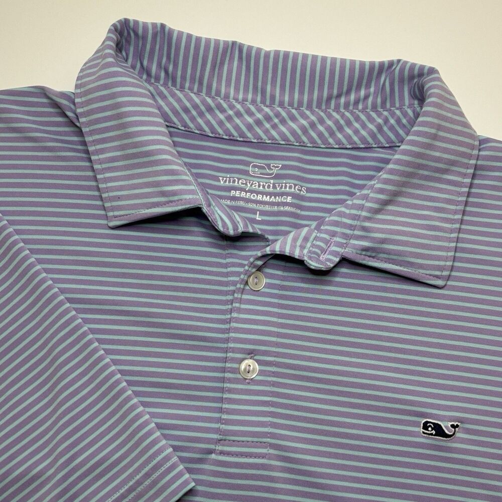 Vineyard Vines Performance Polo Shirt Men's Large Purple‎ Blue Stripe Whale Logo